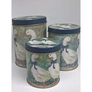 Vintage Nesting Tin Canisters Winter Geese Ducks With Blue Ribbons Set of 3